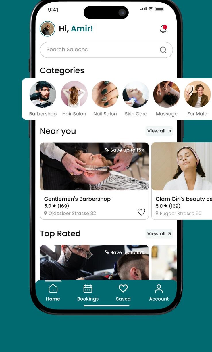 CARENES App Startseite mit Salons in der Nähe und Kategorien